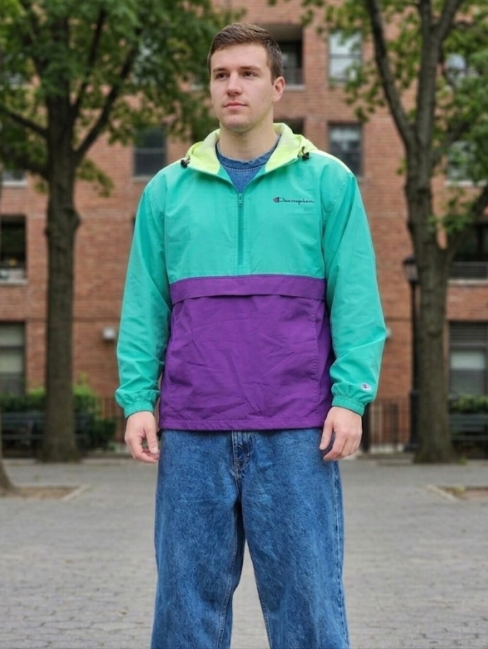 CHAMPION Vintage Style Colorblock Windbreaker Half-Zip Anorak Jacket Size Medium